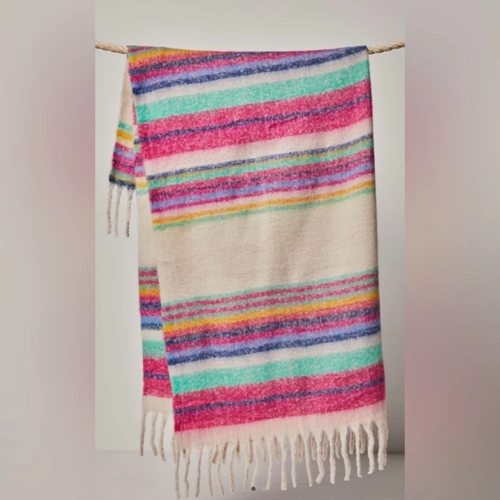 NWT Free People Fringe Throw Blanket 60x51 in Skye Stripe Ivory New $78 retail